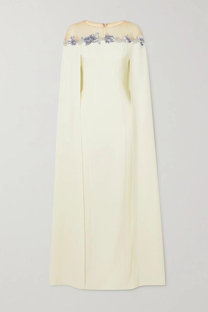 Cape-effect Embellished Embroidered Tulle-trimmed Stretch-crepe Gown - Ivory