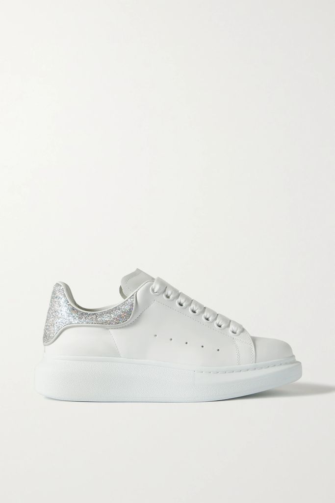 Glittered Leather Exaggerated-sole Sneakers - White