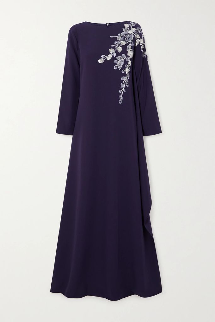 Draped Bead-embellished Embroidered Stretch-crepe Gown - Navy