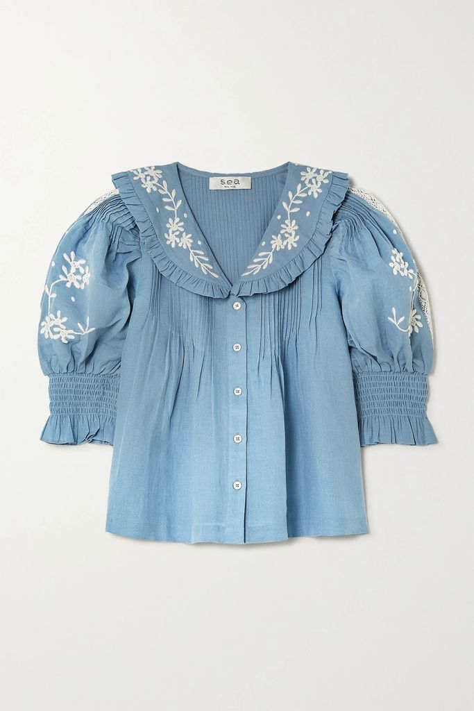 Kyla Embroidered Linen And Cotton-blend Blouse - Blue