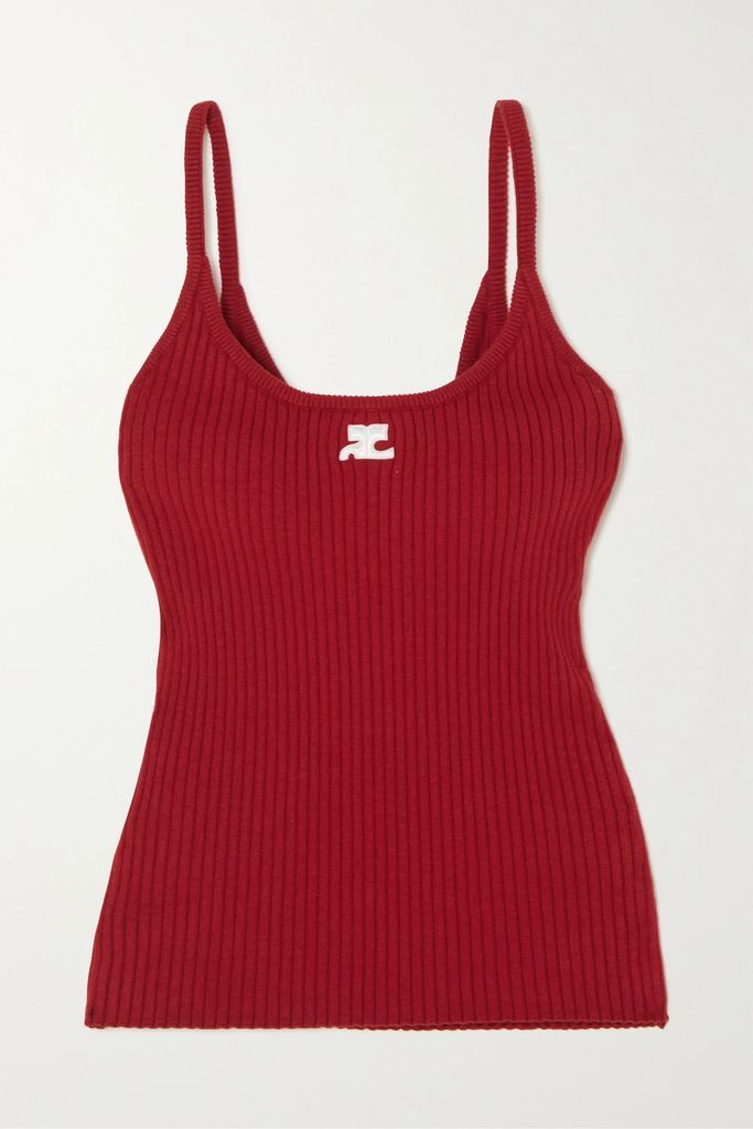 Appliquéd Ribbed-knit Tank - Red