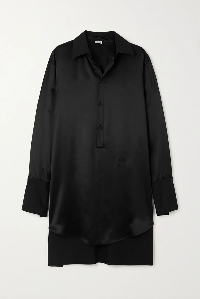 Asymmetric Cotton Poplin-trimmed Silk-satin Mini Shirt Dress - Black