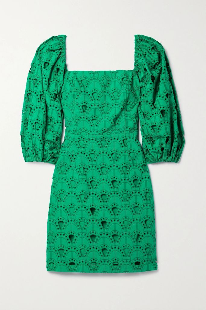 Montauk Shirred Broderie Anglaise Cotton Mini Dress - Green