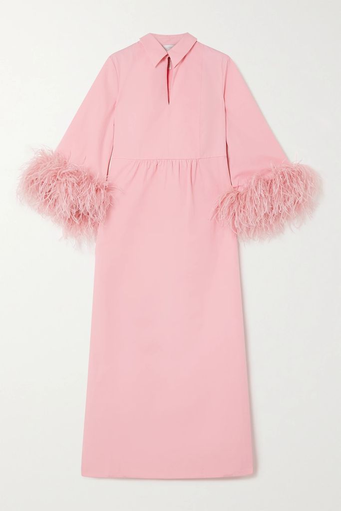 Antonia Feather-trimmed Cotton Midi Dress - Pink