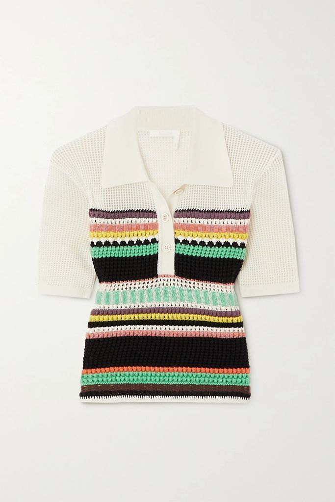 Striped Crochet-paneled Wool Polo Shirt - White