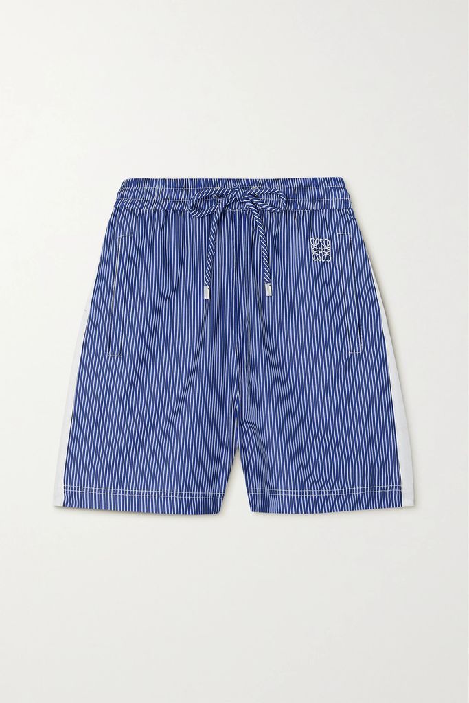 Embroidered Striped Cotton Shorts - Blue