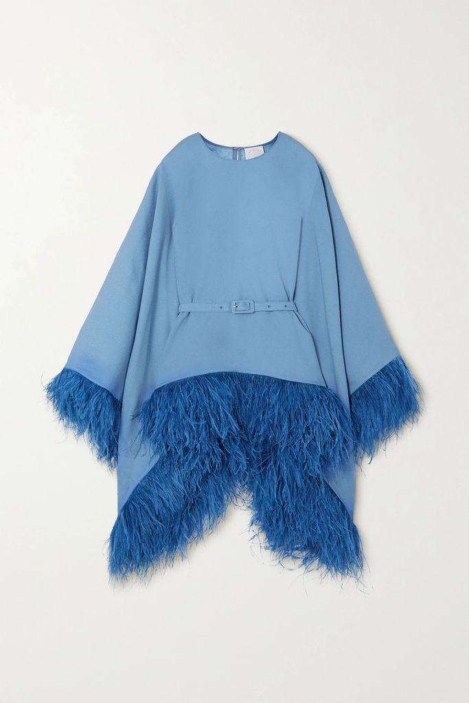 Anthea Belted Feather-trimmed Crepe Blouse - Blue