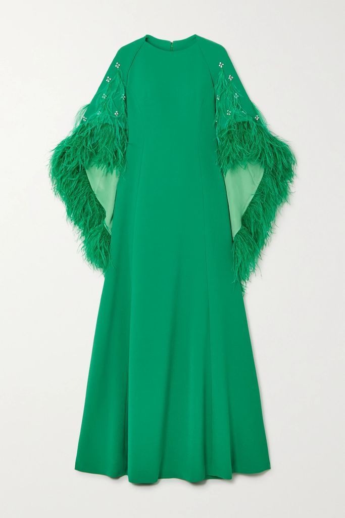 Christelle Cape-effect Crystal And Feather-embellished Crepe Gown - Green