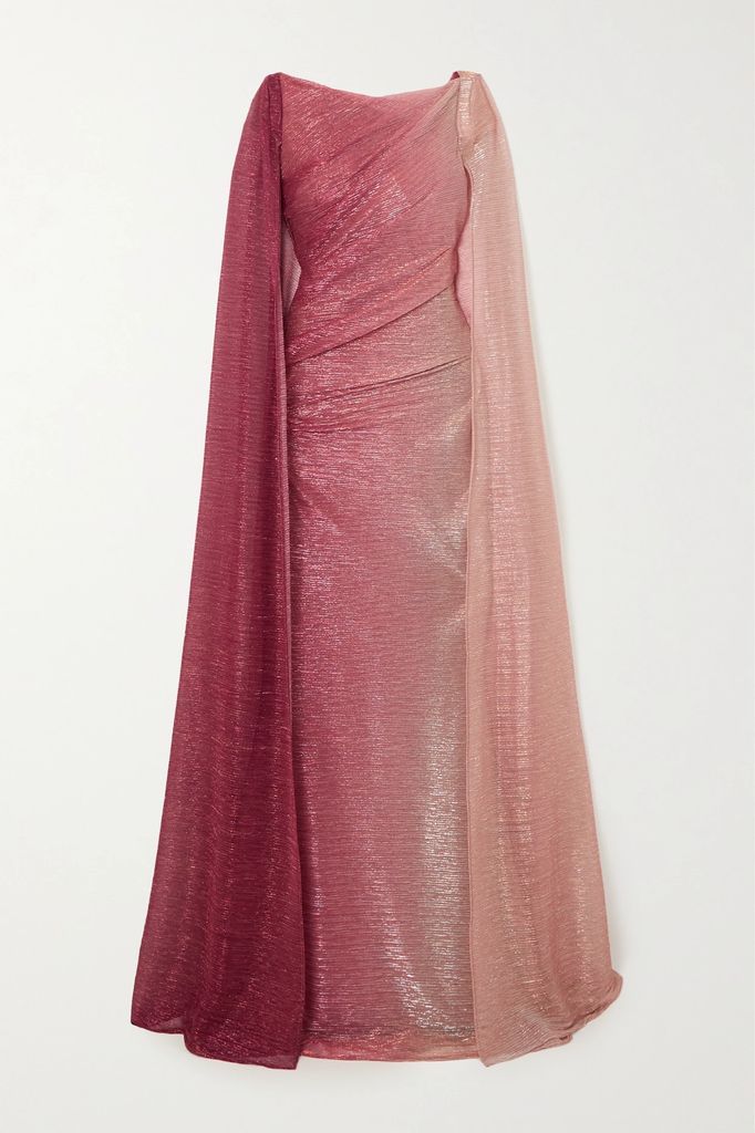 Asymmetric Cape-effect Metallic Voile Gown - Pink