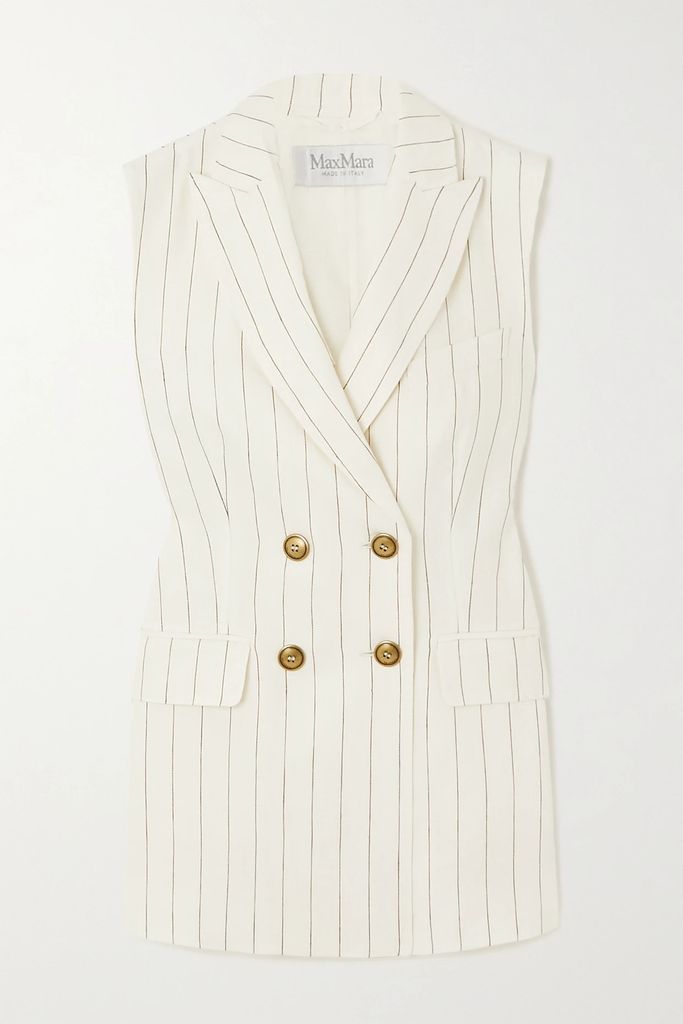 Quebec Double-breasted Pinstriped Linen Vest - White