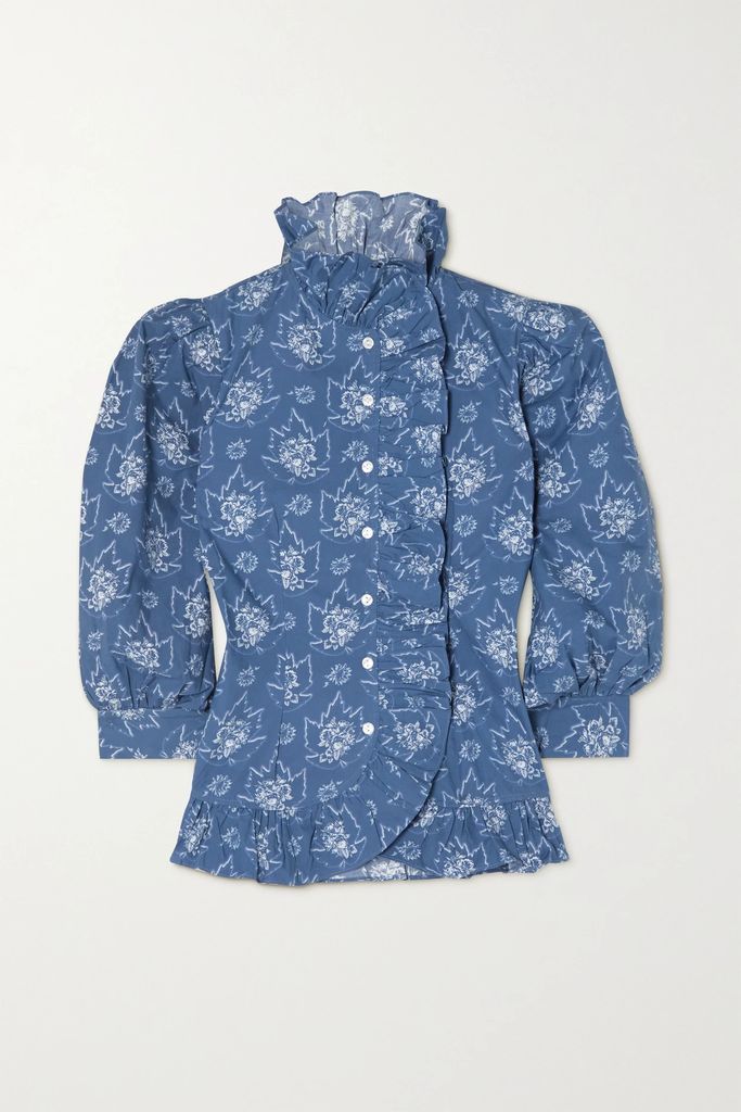 Nora Ruffled Floral-print Cotton-poplin Blouse - Blue
