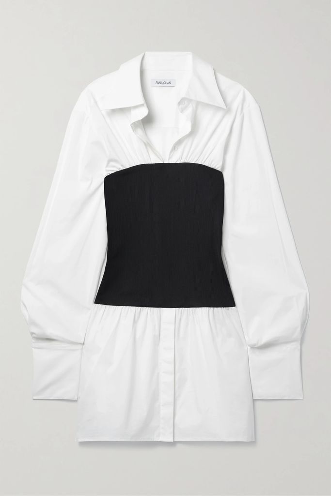 Claudia Cotton-blend Poplin And Ribbed Ponte Mini Shirt Dress - White