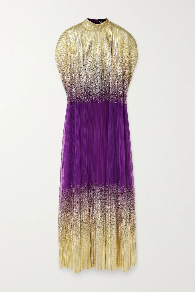 Glittered Plissé-tulle Gown And Cape Set - Purple