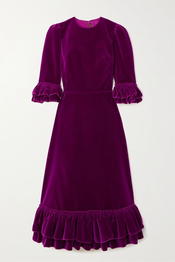 Falconetti Ruffled Cotton-velvet Midi Dress - Purple