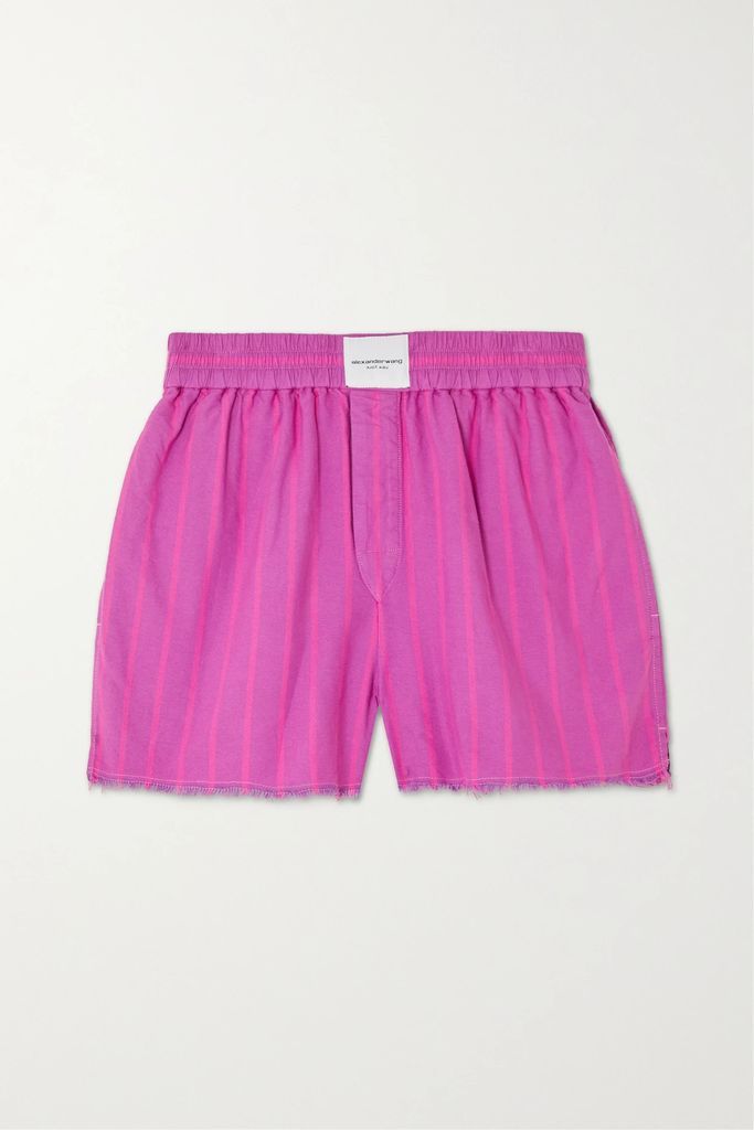 Striped Frayed Cotton-poplin Shorts - Pink