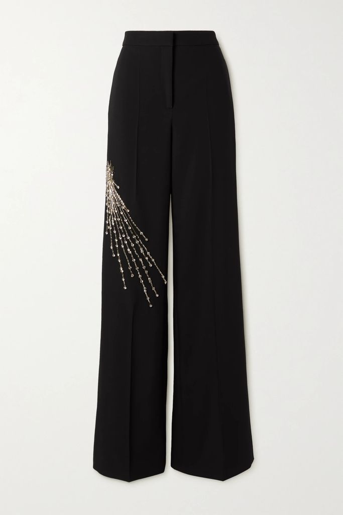Embellished Wool Straight-leg Pants - Black