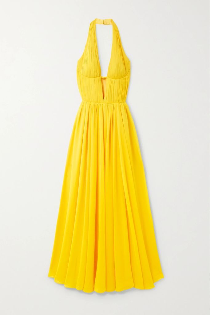 Pleated Chiffon Halterneck Gown - Yellow