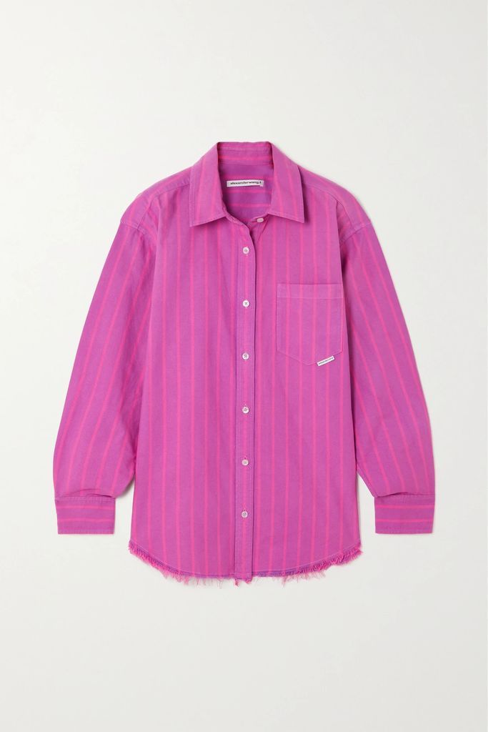 Striped Frayed Cotton-poplin Shirt - Pink