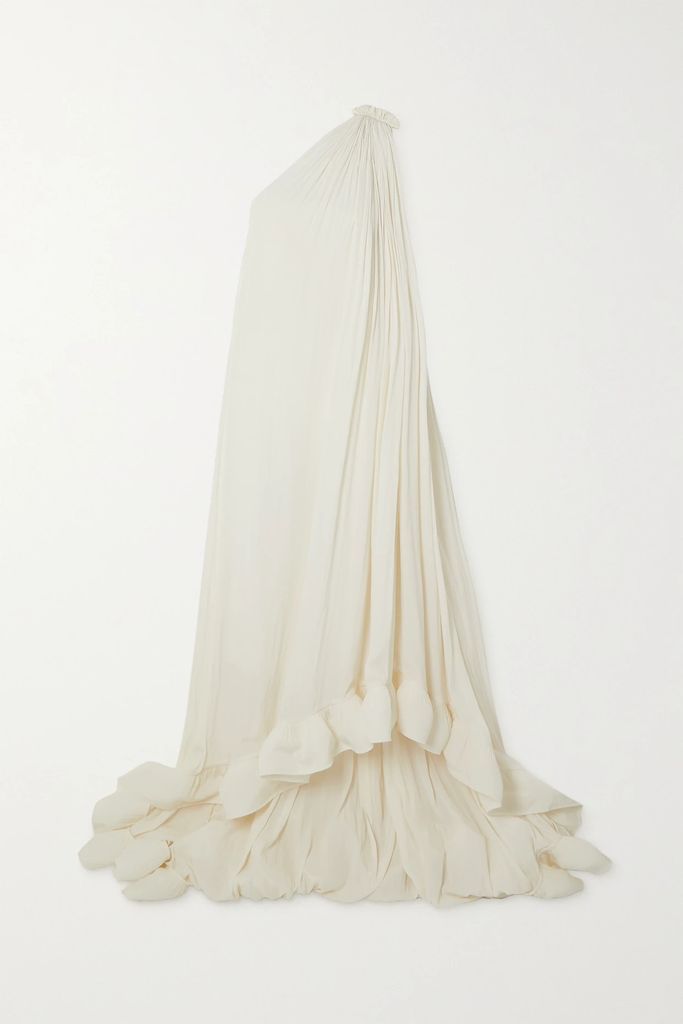 One-shoulder Ruffled Plissé-crepe De Chine Gown - White