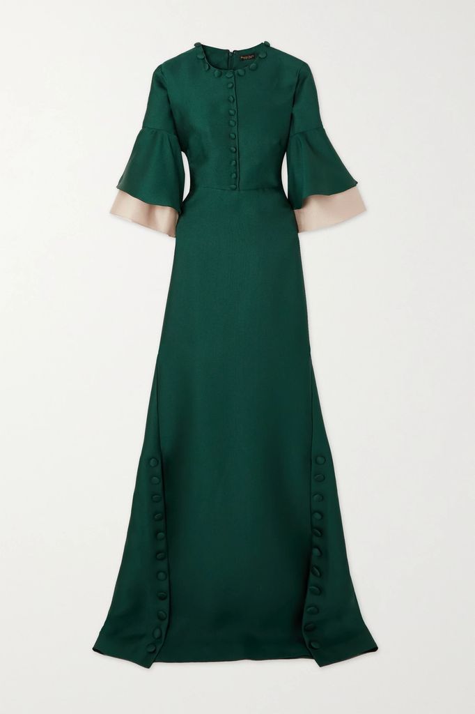 Button-embellished Ruffled Satin-piqué Gown - Green