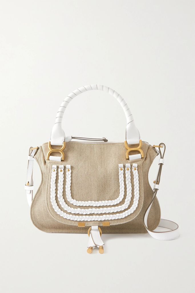 Marcie Small Leather-trimmed Linen Tote - White