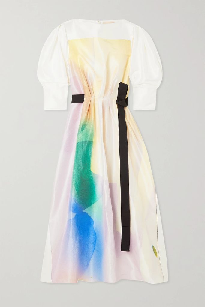 Zinnia Canvas-trimmed Printed Silk-dupioni Midi Dress - White