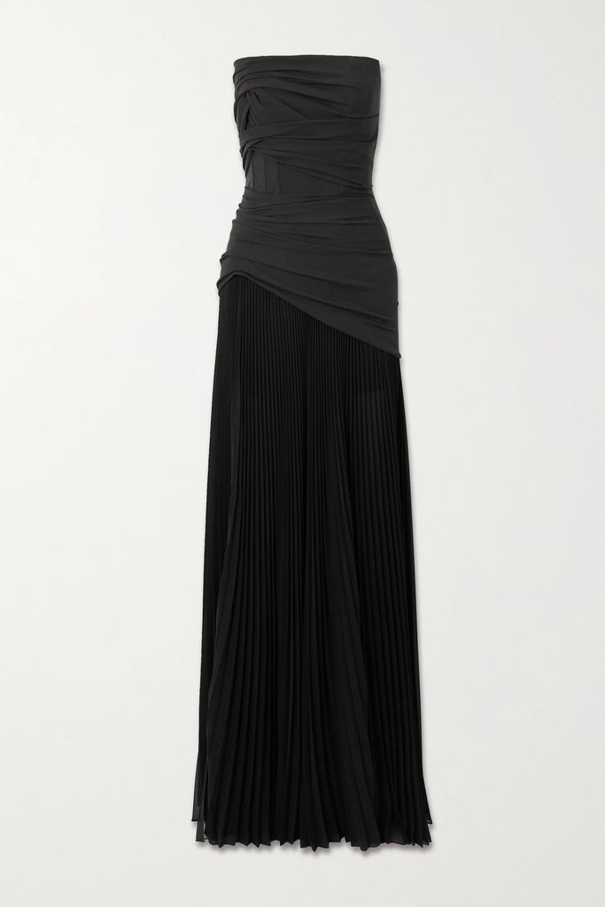 Strapless Gathered Stretch-silk And Pleated Shell Gown - Black
