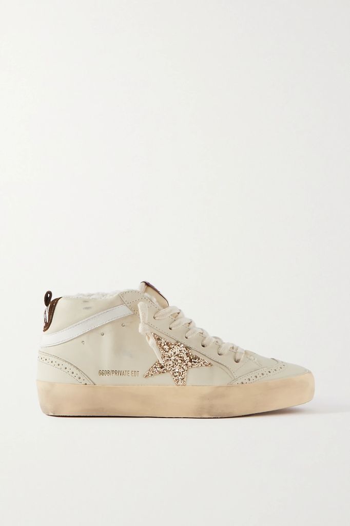 Superstar Distressed Shearling-lined Rubber And Leather Sneakers - Ivory