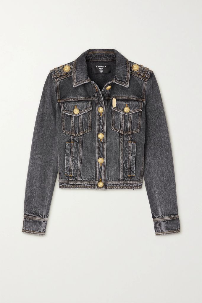 Cropped Button-embellished Distressed Denim Jacket - Dark denim