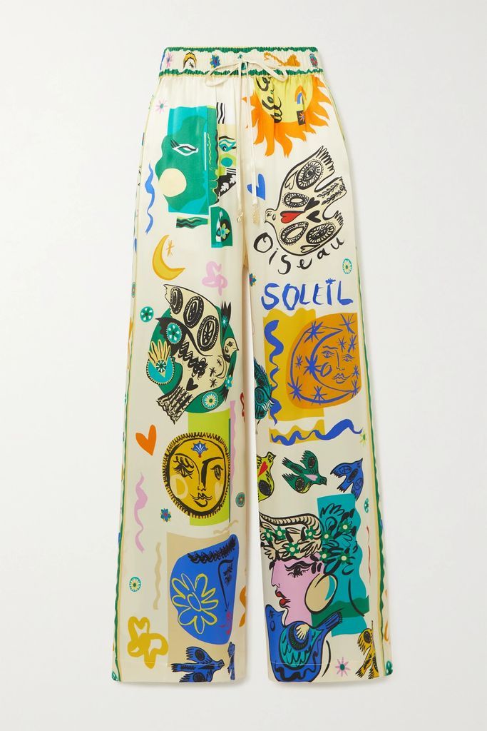 Soleil Embellished Printed Silk-satin Wide-leg Pants - Ivory