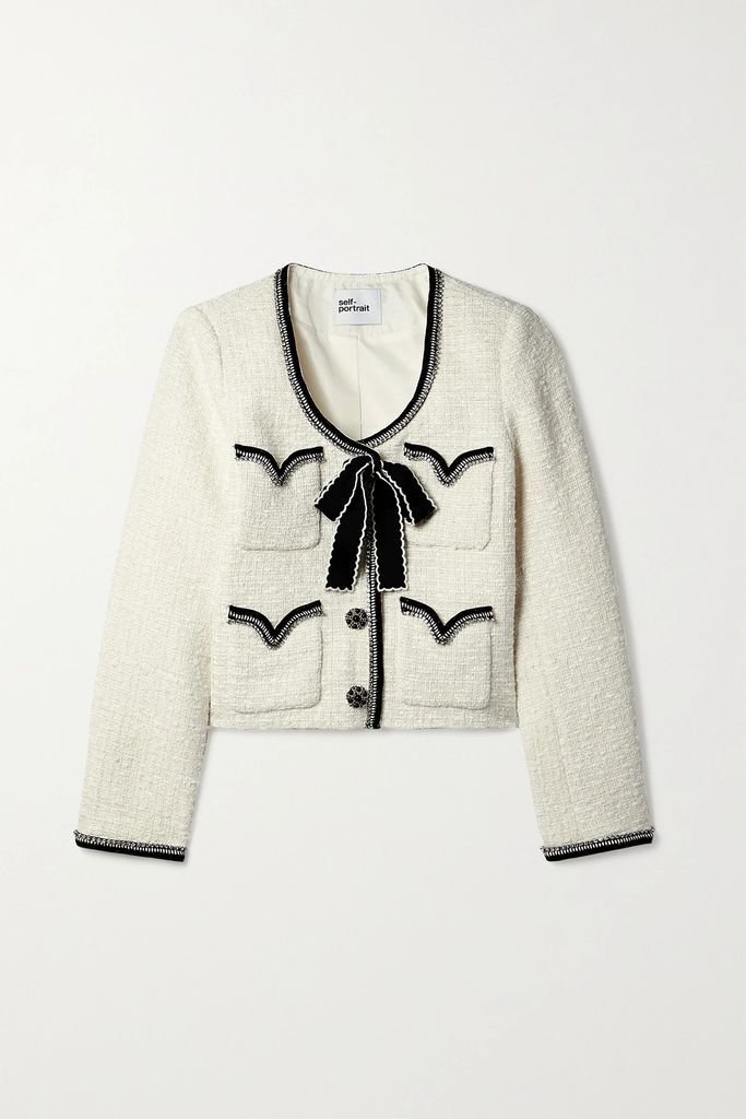 Cropped Embellished Satin-trimmed Metallic Bouclé-tweed Jacket - White