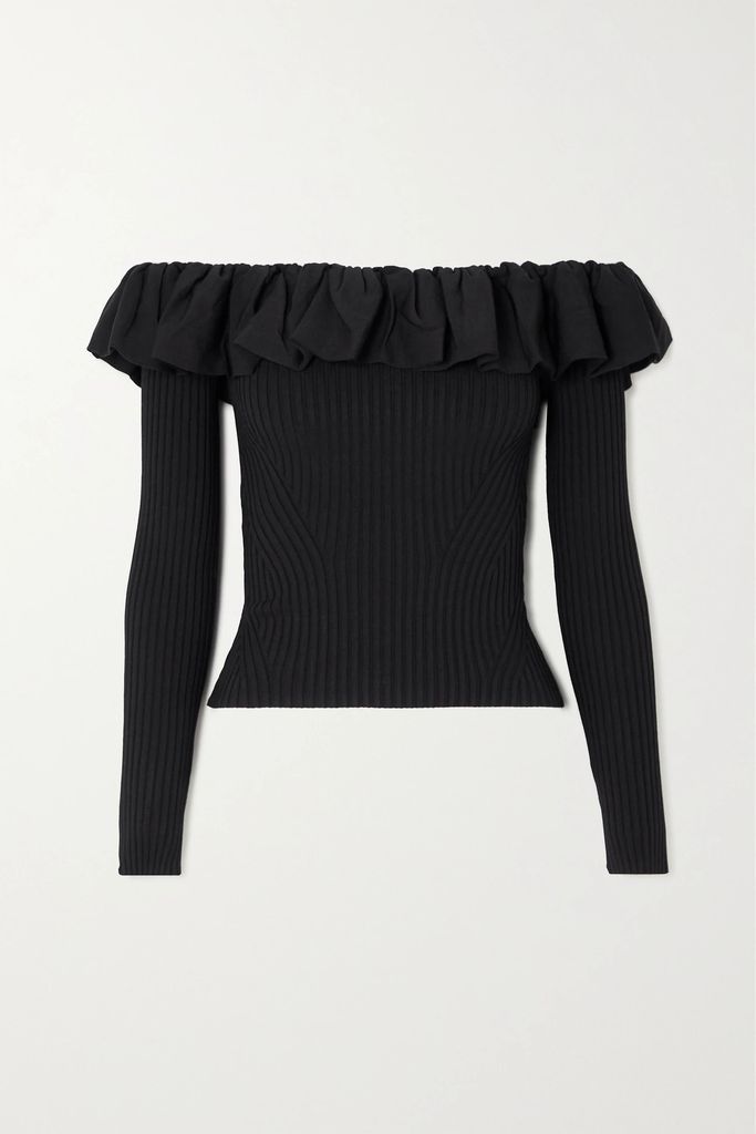 Isabelle Off-the-shoulder Ruffled Ribbed-knit Top - Black