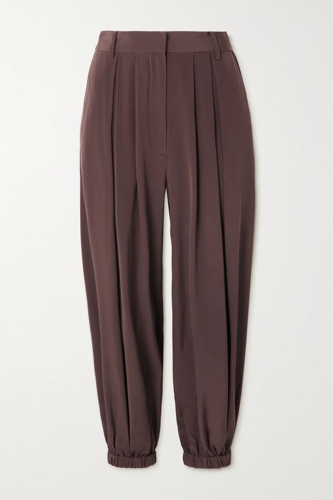 Pleated Silk Tapered Pants - Brown