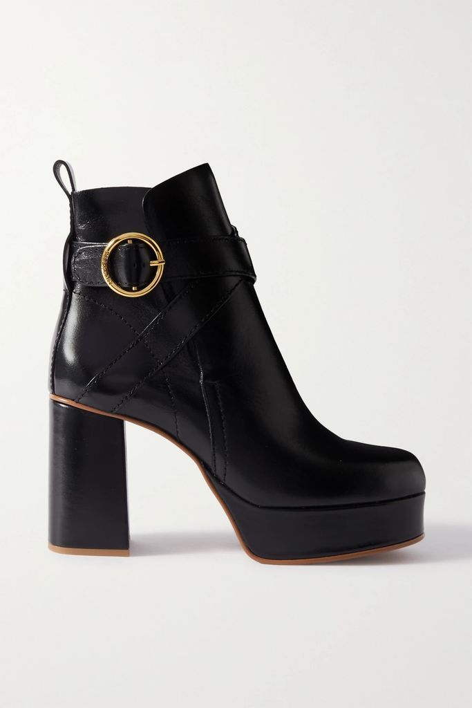 Lyna Buckled Leather Ankle Boots - Black