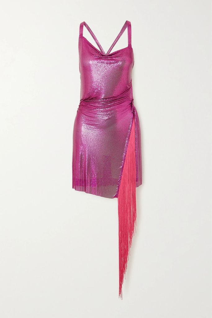 Zendaya Asymmetric Fringed Chainmail Mini Dress - Pink