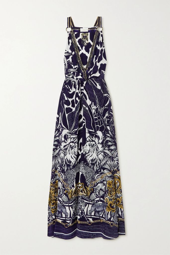 Embellished Printed Silk Crepe De Chine Maxi Dress - Black