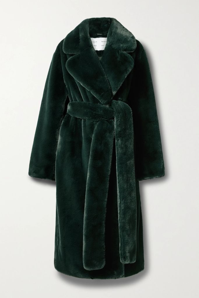 Belted Faux Fur Coat - Forest green