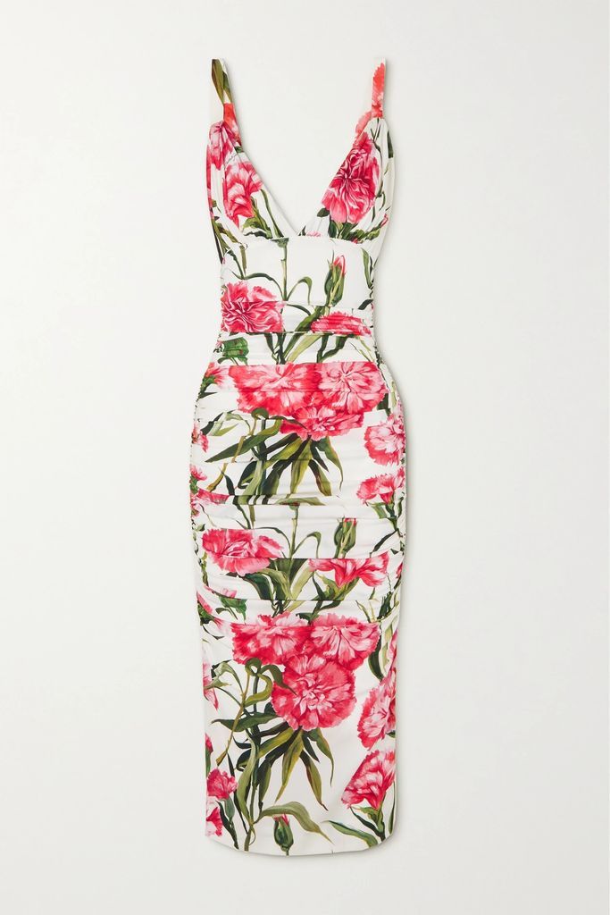 Ruched Floral-print Stretch-silk Midi Dress - Pink