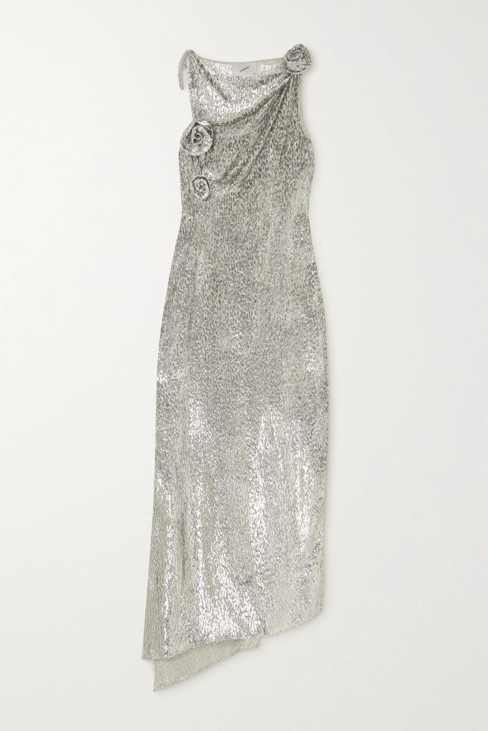 Asymmetric Appliquéd Metallic Fil Coupé Voile Dress - Silver