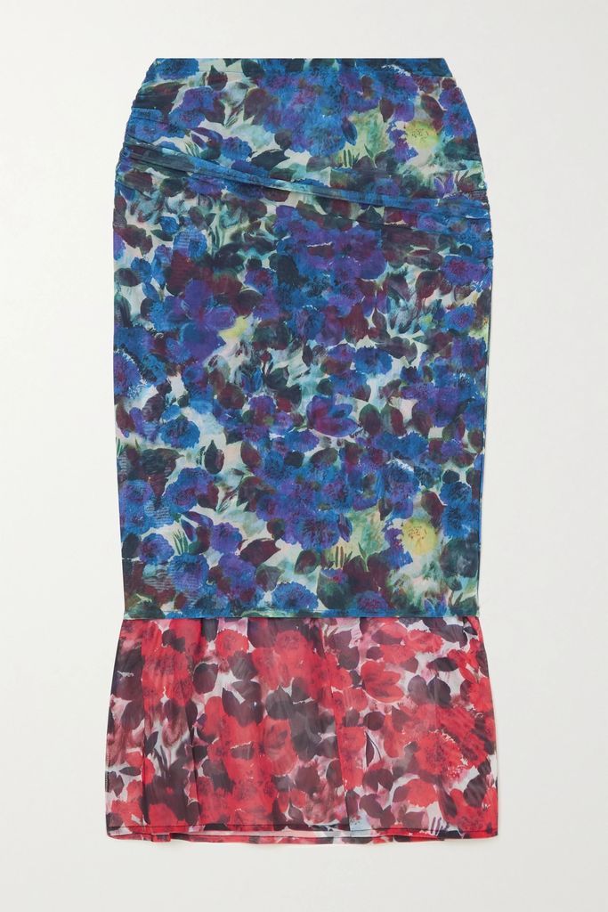 Gathered Floral-print Stretch-mesh Midi Skirt - Blue