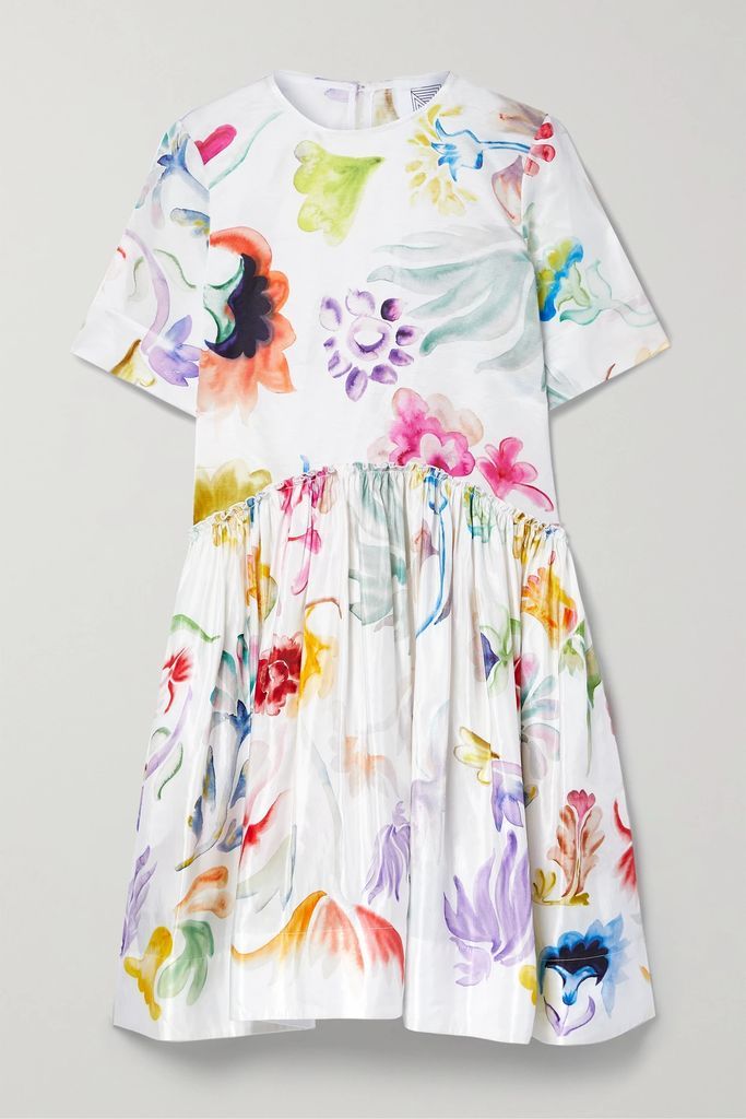 Ebbs And Flows Gathered Floral-print Linen-blend Mini Dress - White
