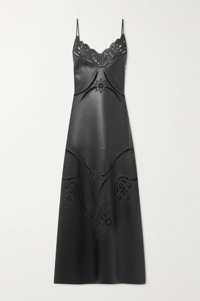 Embroidered Leather Midi Dress - Black