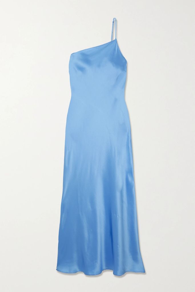 One-shoulder Silk-satin Maxi Dress - Light blue