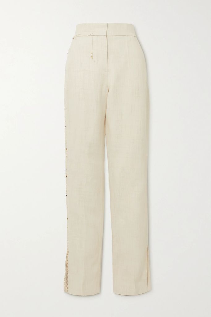 Lace-up Linen-blend Straight-leg Pants - Off-white