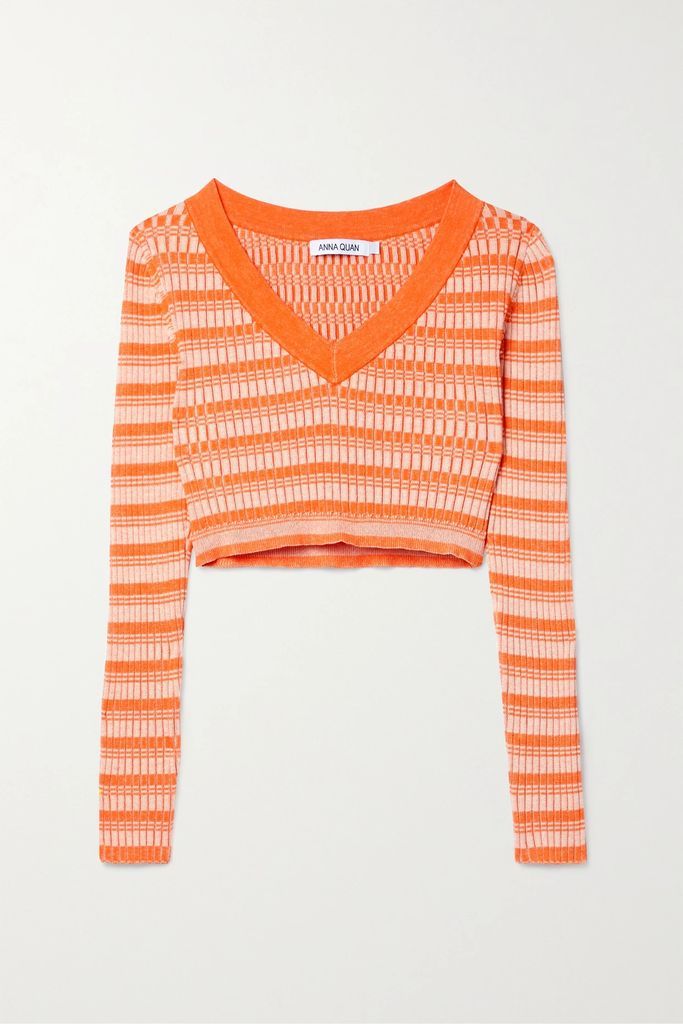 Delta Cropped Ribbed Striped Cotton Sweater - Orange