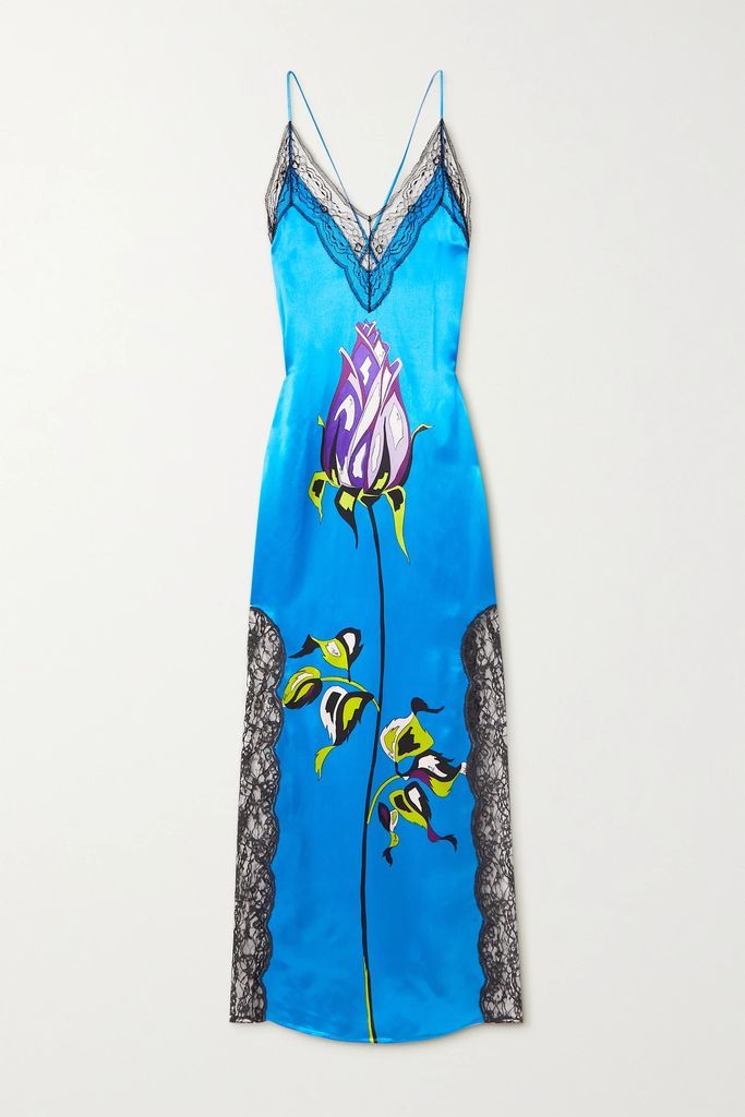 Open-back Lace-trimmed Floral-print Satin Midi Dress - Blue