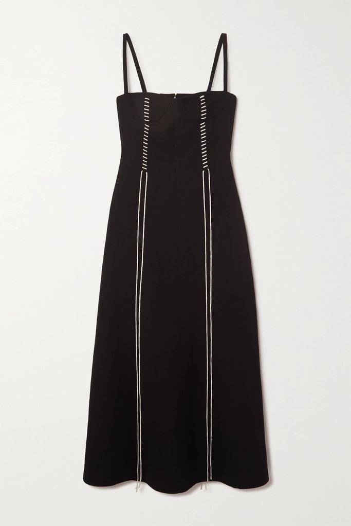 Embroidered Wool And Linen-blend Midi Dress - Black