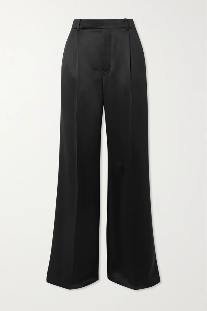 Pleated Silk-satin Straight-leg Pants - Black