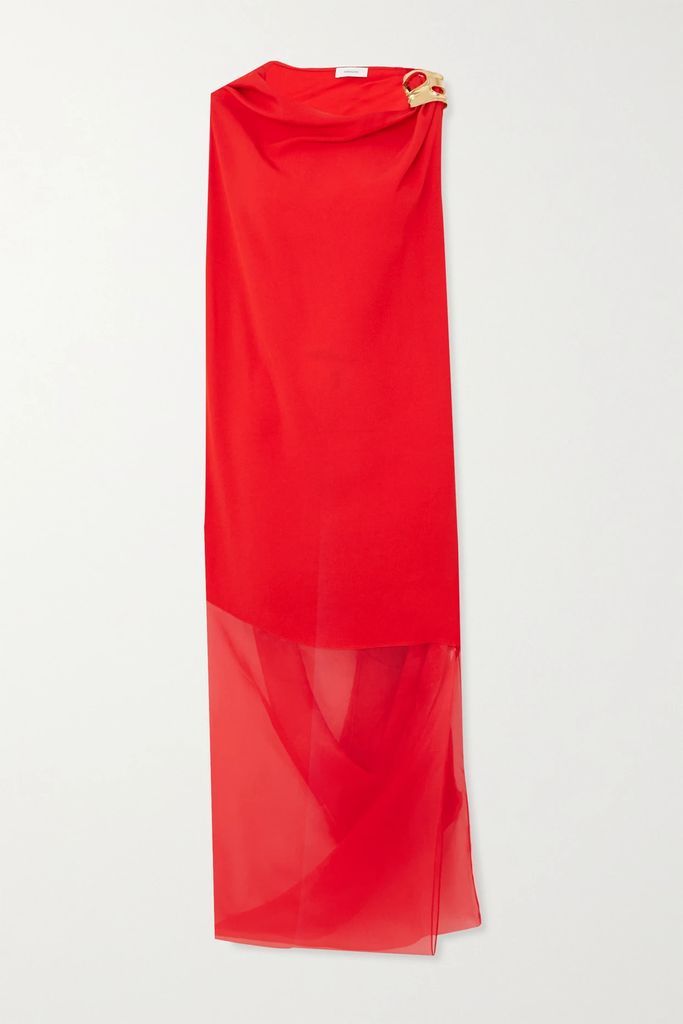 Asymmetric Embellished Draped Satin And Organza Dress - Red