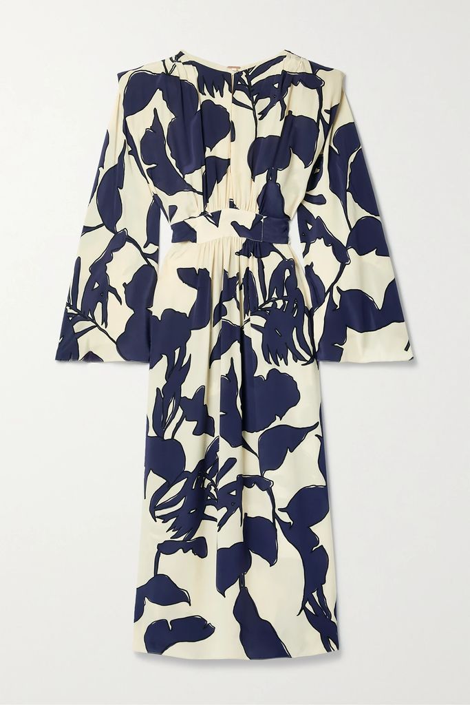 Ancient Tropics Convertible Cape-effect Printed Silk Crepe De Chine Midi Dress - Navy